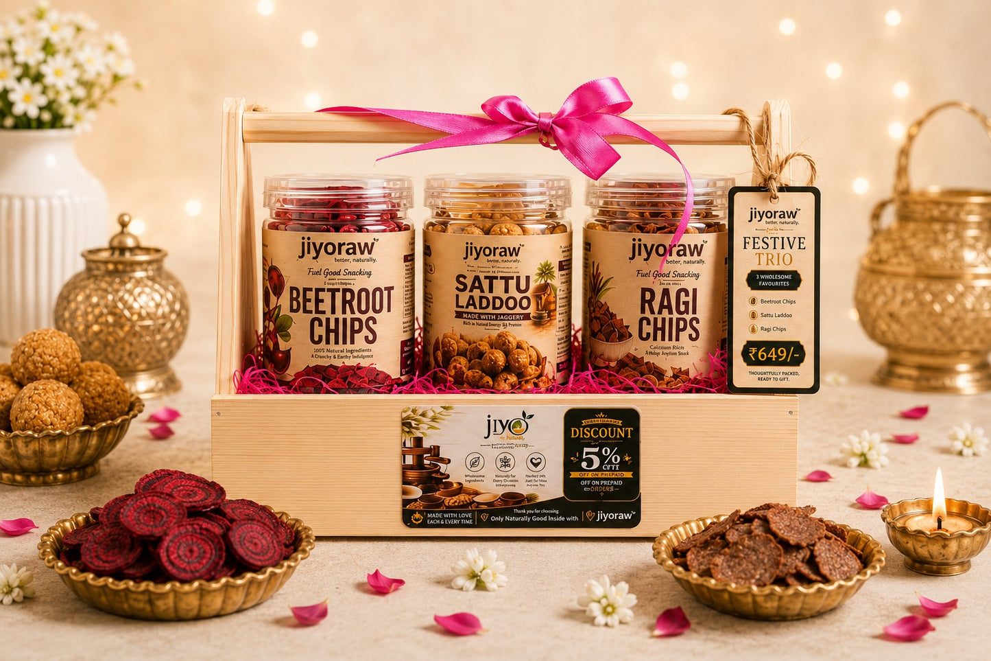 JIYORAW Festive Trio Gift Hamper | Beetroot Chips, Sattu Laddoo & Ragi Chips | Festive Gift Box