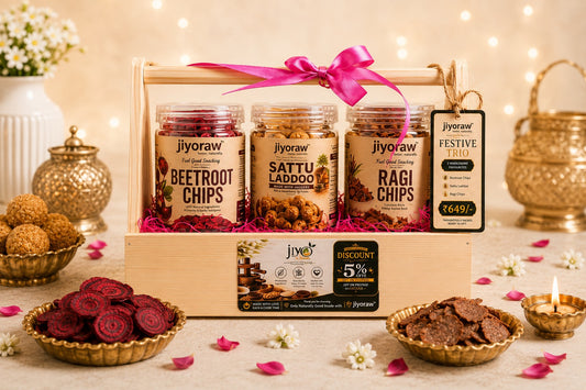 JIYORAW Festive Trio Gift Hamper | Beetroot Chips, Sattu Laddoo & Ragi Chips | Festive Gift Box